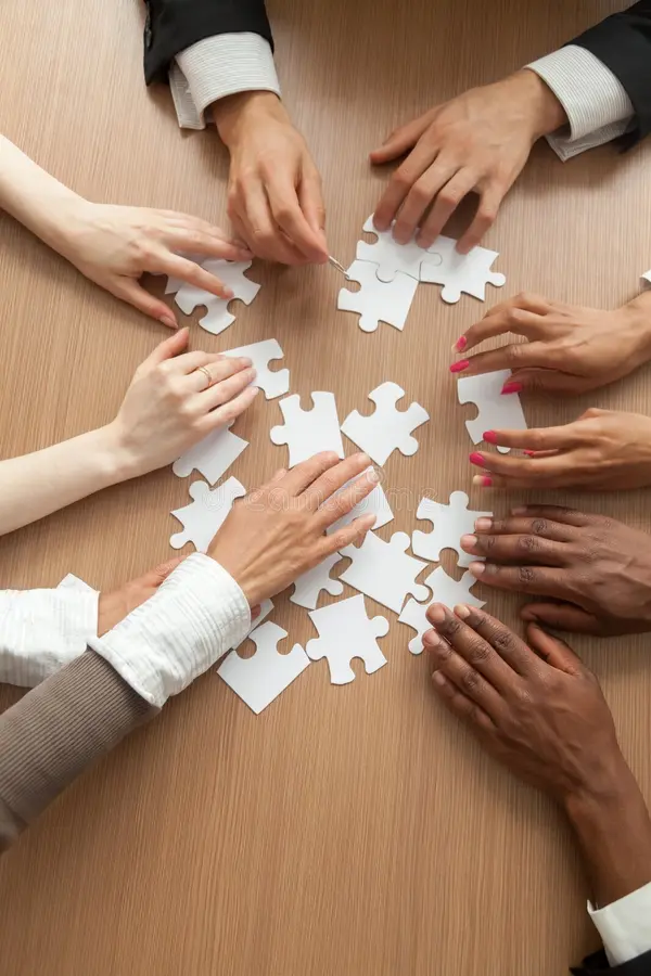 multiracial team assembling puzzle together hands diverse people connecting pieces engaging finding solutions teambuilding 116558991